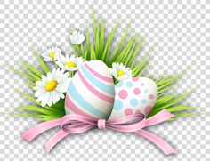 easter eggs with flowers and grass on a transparent background png clipart free for personal use