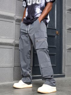 Gris Calle Collar  Tela tricotada Liso Pantalones cargo Embellished No-Elástico Mens Cargo Pants Outfit Street Style, Mens Cargo Pants Outfit, Cargo Pants Outfit Street Style, Mens Cargo Pants, Straight Leg Cargo Pants, Cargo Hose, Cargo Pants Outfit, Casual Sweatpants, Men Pants