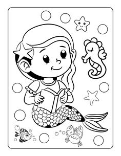 the little mermaid is reading a book while sitting on her tail and holding a fish