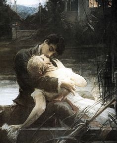 a painting of a man holding a child in his arms while sitting on a boat