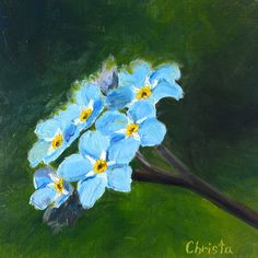 an oil painting of blue flowers on a green background with the words christa above it