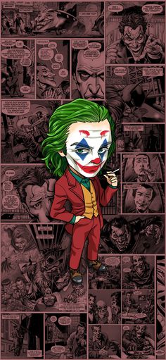 the joker is standing in front of a wall full of comic books and pictures with his face