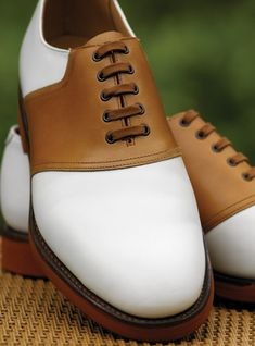 The Cannock Saddle Shoe in White & Tan White Goodyear Welted Dress Shoes For Business, White Oxfords With Rubber Heel Cap And Almond Toe, Classic White Cap Toe Oxfords, White Oxfords With Almond Toe And Rubber Heel Cap, White Almond Toe Oxfords With Rubber Heel Cap, Classic White Almond Toe Oxfords, Classic White Leather Shoes With Rubber Heel Cap, Classic White Oxfords With Brogue Detailing, White Goodyear Welted Oxfords For Business