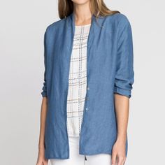 New Front Runner Shirt Jacket Addresses The Need For Our Clothing To Offer Versatility. Now That Our Lives Blur Between Work + Play And Warm + Cold. Wear This Linen Blend Top As A Collarless Button Down Shirt Or As A Cardigan! Woven Blouse Lightweight Relaxed Fit Front Button Closure V Neckline Long Sleeve, Cuffed 28" Long Casual Relaxed Fit Blazer With Button Closure, Casual Cardigan With Lapel Collar, Casual Long-sleeve Summer Blazer, Casual Relaxed Fit Blazer, Casual Long Sleeve Summer Blazer, Casual Collared Outerwear With Roll-up Sleeves, Spring Workwear Outerwear With Roll-up Sleeves, Casual Linen Cardigan For Spring, Casual Single Breasted Cardigan For Layering