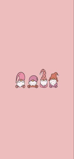 three little gnomes are lined up against a pink background