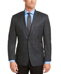 Put a picture-perfect finish on your polished look with the classic tailoring and crisp plaid featured on this stylish sport coat from Michael Kors.

 	Regular fit through the shoulders, chest and waist with standard armholes and sleeves
 	Jacket sizing is indicated by a number and a letter; Number refers to chest size, Letter refers to length of Jacket based upon height: S=5'7" and under; R=5'8"-5'11"; L=6' and up
 	Notched lapel
 	Two-button closure; four-button cuffs
 	Two front flap pockets; Michael Kors Mens, Charcoal Blue, Mens Sport Coat, Michael Kors Men, Sports Blazer, Unisex Baby Clothes, Business Suit, Plaid Blazer, Sports Jacket