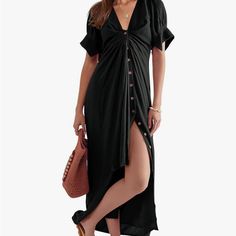 Perfect Summer/Spring Maxi Dress. Low Neck Line And Buttons Up The Middle Which Can Be Undone. Ties At The Chest Which Can Be Done In A Bow Or Left Loose. Dress Is Lined. Never Worn. Can Be Dressed Up For A Night Out Or Dressed Down For Day. Black Dress With Buttons For Vacation, Black Midi Dress With Buttons For Beach, Black Rayon Midi Dress For Beach, Black Summer Maxi Dress For Daywear, Black Rayon Midi Dress For Day Out, Black Rayon Midi Dress For Vacation, Black Short Sleeve Rayon Maxi Dress, Casual Buttoned Maxi Dress For Date Night, Black Rayon Maxi Dress With Short Sleeves