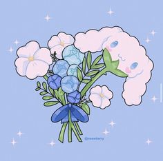 a bunch of flowers that are on a blue surface with stars in the back ground