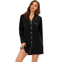 Great for loungewear, nightwear, sleepwear, home bedroom, daily wear. This loungewear pajamas shirt dress for women is constructed of super soft fabric, comfy, breathable, and skin friendly, make it convenient to take on/off,  keep you pretty and comfortable all day. Featuring mini length shirt dress and notched lapel design, soft and comfortable make you feel cozy all night, enjoy a comfortable sleep and sweet dream. No matter the cozy bedtime, casual home relax, laze afternoon, comfy bath, the Long Sleeve Buttoned Sleepwear For Pajama Party, Relaxed Fit Sleepwear With Buttons, Button-up Sleepwear For Pajama Party, Long Sleeve Buttoned Nightgown For Bedtime, Long Sleeve Buttoned Nightgown, Relaxed Fit Long Sleeve Sleepwear With Buttons, Long Sleeve Nightgown With Buttons, Black Nightgown For Home, Casual Long Sleeve Sleepwear For Night