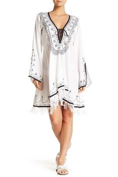 White Cross Ties With Embroidery And Tassels / Tunic Style Dress - Hot Boho Resort & Swimwear Spring V-neck Beach Dress With Tassels, Spring Beach Cover-up Dress With Tassels, Casual Boho Dress With Tassels For Vacation, Long Sleeve Dresses With Floral Embroidery For Beach, Casual Embroidered Boho Dress For Beach, Long Sleeve Tassel Dress For Beach, Embroidered Long Sleeve Cover-up For Vacation, Long Sleeve Floral Embroidery Dress For Beach Cover-up, V-neck Beach Dress With Tassels