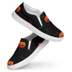 Fun Halloween patterned Women's Slip-on shoes made for comfort and ease, these Women's Slip-On Canvas Shoes are stylish and the ideal piece for completing an outfit. Equipped with removable soft insoles and rubber outsoles, it's also easy to adjust them for a better fit. *  100% polyester canvas upper side *  Ethylene-vinyl acetate (EVA) rubber outsole *  Breathable lining, soft insole *  Elastic side accents *  Padded collar and tongue *  Printed, cut, and handmade Important: This product is av Comfortable Black Slip-ons For Fall, Black Slip-ons With Rubber Sole For Fall, Fall Low-top Slip-ons With Rubber Sole, Casual Slip-on Sneakers For Fall, Casual Fall Slip-on Sneakers, Casual Halloween Sneakers With Rubber Sole, Comfortable Slip-on Sneakers For Fall, Comfortable Slip-on Fall Sneakers, Women's Slip On Shoes