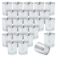 twelve clear glass tumblers with silver rims and glittered lids, set of 12