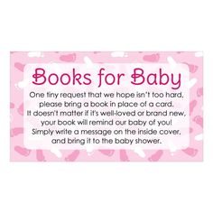 a pink baby shower sign with the words books for baby on it's back