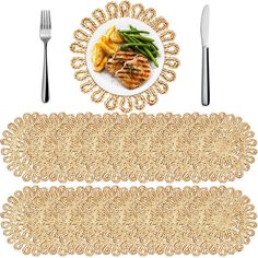 two placemats, fork and knife next to a plate with food on it