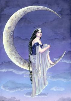 a painting of a woman sitting on the moon