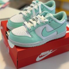 *Brand New* | Nike Dunks | White & Mint | 12c White Skate Shoes For School In Spring, White Spring Skate Shoes For School, Nike White Skate Shoes For School, White Nike Skate Shoes For School, Cute White Nike Sneakers, Nike Dunks White, Dunks White, Shoes Nike Dunks, Nike Airmax 270