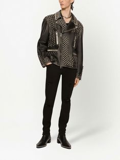 Designer Leather Jacket With Rivets For Fall, Edgy Leather Outerwear With Studs, Edgy Studded Leather Outerwear, Designer Winter Outerwear With Rivets, Luxury Fall Outerwear With Rivets, Fitted Leather Jacket With Studs, Designer Biker Jacket With Rivets For Fall, Edgy Embellished Winter Outerwear, Edgy Embellished Long Sleeve Outerwear