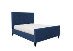 a bed with a blue headboard and foot board on it's side, in front of a white background