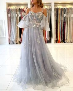 A-Line Cold Sleeves Grey Prom Gown with Embroidery,743 on Storenvy Formal Dresses Graduation, Floral Party Dress, Floral Prom Dresses, Long Prom Dresses, A Line Prom Dresses, Prom Dresses Online, Dress Spaghetti, Prom Dresses Lace, Looks Chic