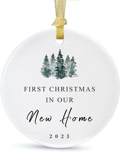 first christmas in our new home ornament with pine trees on the front and back