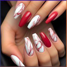 Shades Of Red Nail Designs, Nail Art On Coffin Shape, Red Nail Designs Coffin Shape, Crimson And Cream Nails, Nails Red And White Design, Red Marmor Nails, Red Nails For Graduation, Red Marble Nail Designs, Red Nails Coffin Shape