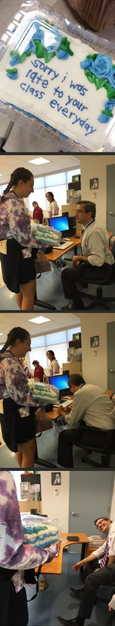 three pictures of people sitting at desks in an office