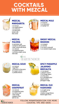 Cocktails with Mezcal Easy Mezcal Cocktails Recipes, Mezcal Grapefruit Cocktail, Pineapple Mezcal Margarita, Mezcalito Cocktail, Summer Mezcal Cocktails, Mezcal Drinks Cocktail Recipes, Drinks With Mezcal, Mezcal Margarita Recipe, Mescal Cocktail Recipe