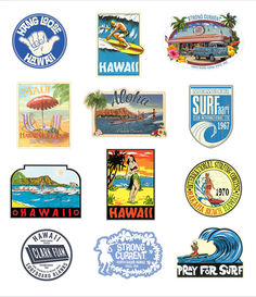 many different stickers are shown together on a white background with the words hawaii written below them