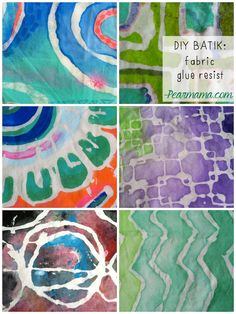 four different pictures with the words diy batik fabric glue rest on top of them