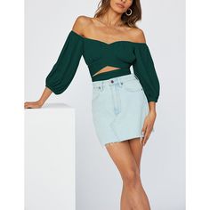 Dark Green Hollow-out Off Shoulder Crop Tops Green Crop Top For Fall Day Out, Chic Green Crop Top For Fall, Crop Top Styles, Bright Color Dresses, White Boho Dress, Off Shoulder Crop Top, Cropped Tops, Chiffon Shirt, Shoulder Crop Top