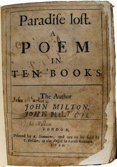 an old book with writing on the front and back cover that reads, paradise loft poem in ten - books