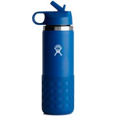 a blue water bottle with a skull and crossbones on the lid is shown