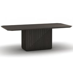 a black table with an interesting design on the top and bottom, in front of a white background