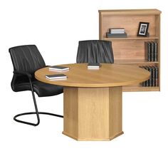 an office table with two chairs and a bookcase in front of it on a white background