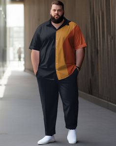 This shirt set features geometric stripes in a colour blocked pattern that is versatile and stylish. The shirt usually has a lapel collar, which can be worn with a tie or open, depending on personal preference. The cuffs of the shirt are usually designed with buttons that can be adjusted as needed. There are many choices of patterns for this shirt, such as clashing colours, striped lines, irregular patterns and so on. A men's short-sleeved shirt suit usually refers to a clothing combination that Black Patchwork Shirt For Work, Fitted Collared Shirt With Contrast Color, Black Lapel Collar Shirt For Office, Black Color Block Shirt For Summer, Black Summer Shirt With Color Block, Summer Black Color Block Shirt, Black Shirt With Contrast Color For Summer, Black Shirt With Contrast Details For Summer, Black Short Sleeve Shirt For Office