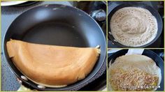 four pictures show how to make pancakes in a skillet and then fry them with butter