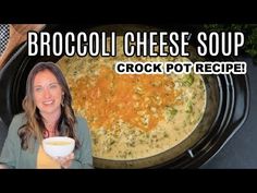 a woman holding a bowl of broccoli cheese soup in front of a crock pot