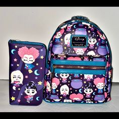 New With Tags. Loungefly Disney Hocus Pocus Chibi All Over Print Mini Backpack & Wallet Leave It To The Sanderson Sisters To Complete Your Spookiest Outfit Of The Season. Reimagined In Chibi Form, Sarah, Mary And Winifred From Disney's Hocus Pocus Whip Up A Bubbling Potion On This Exclusive Faux Leather Loungefly Mini Backpack! All The Tricks Are On The Exterior Design, But You Can Carry Your Treats In The Main Zip Compartment, Front Zip Pocket And Two (2) Side Pockets. It Also Features An Ename Themed Purple Travel Bags, Bubbling Potion, Sarah Sanderson, The Sanderson Sisters, Loungefly Bag, Sanderson Sisters, Loungefly Disney, Cute Backpacks, Llbean Backpack