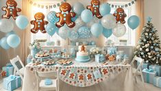 a baby shower is decorated with blue and white balloons, gingerbreads, and other decorations