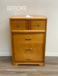 a wooden dresser with the words before and after on it