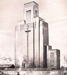 an old black and white photo of a tall building