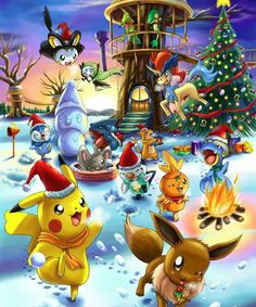 pokemon christmas wallpaper with pikachu and other cartoon characters in the foreground