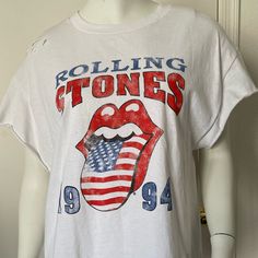 New Sojara Rolling Stones 1994 With American Flag Tongue T-Shirt Back Has A Big Red, Blue, White And Black Sequin British Flag Tongue Intentional Holes For Distressed Look 100% Cotton A Great Shirt For Anyone Who Loves The Iconic Rolling Stone Size L White Relaxed Fit T-shirt For Festival, White Distressed Tops For Concert, 90s Crew Neck Festival Tops, 90s Crew Neck Tops For Festivals, 90s Style Crew Neck Festival Tops, 90s Style Festival Tops With Crew Neck, 90s Short Sleeve Festival Tops, White Sublimation Print Top For Music Festival, Vintage Crew Neck Tops For Festival