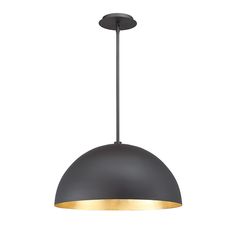 a black and gold pendant light hanging from a ceiling fixture on an isolated white background