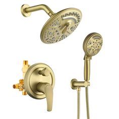 the shower faucet and hand shower head are shown in polished brass, with an adjustable