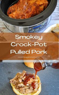 the crock pot pulled pork is being drizzled with bbq sauce