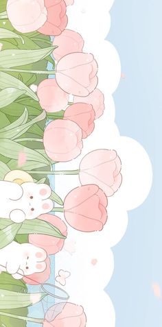 a bunch of pink tulips on a blue and white background with the sky in the background