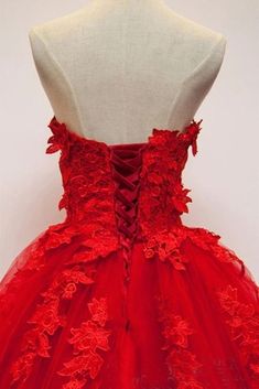 Strapless Ball Gown, Red Prom Dress Long, Red Lace Prom Dress, Tulle Long Prom Dress, Prom Dresses Red, Red Ball Gown, Wedding Dress Boutiques, Sweetheart Prom Dress, Lace Formal Dress