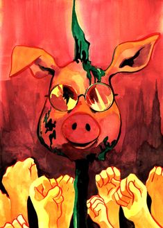 a painting of a pig with glasses on it's face and hands in front of him