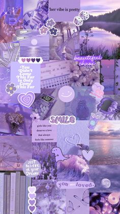 the collage is filled with many different things in purple and lavender colors, including flowers,